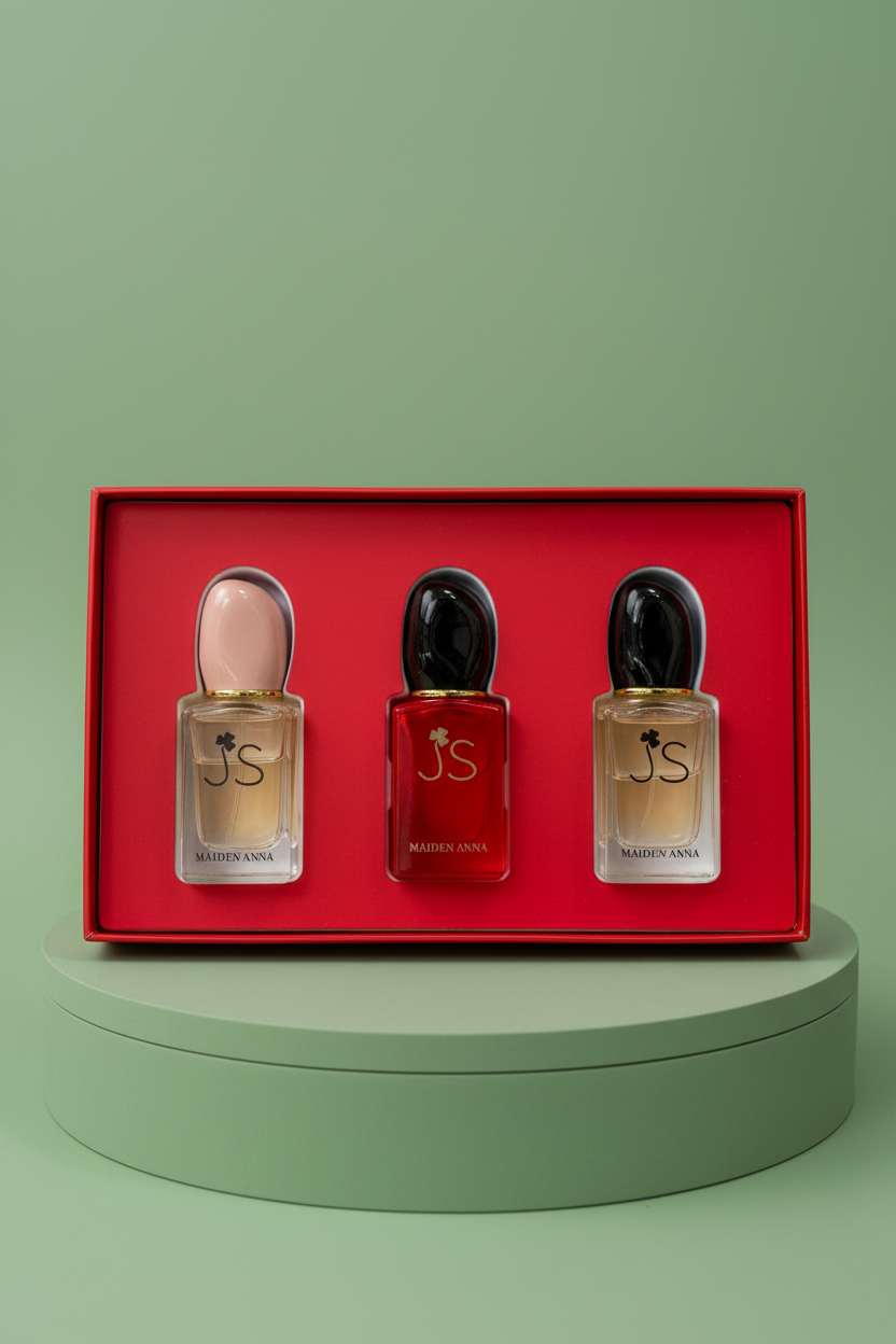 Two small bottles in a red box held by a hand with a colorful background