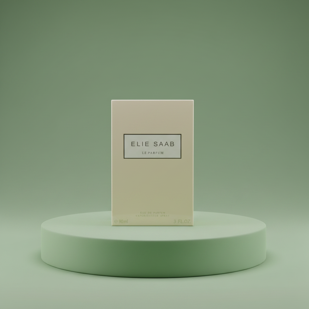 Elie Saab perfume box held by a hand with a blurred background