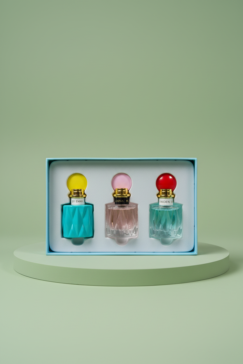 Set of three small perfume bottles in a box held by a hand with pink nail polish.