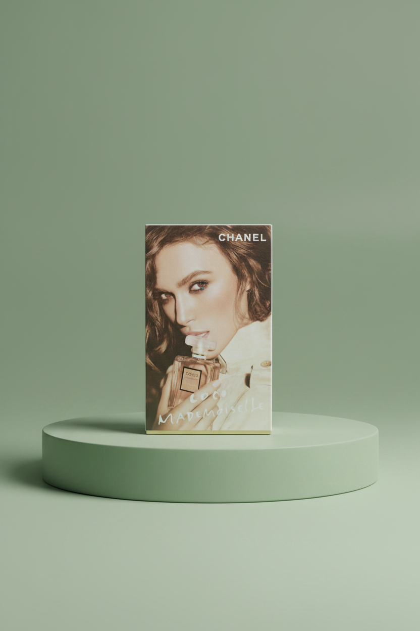 Hand holding a Chanel makeup product packaging with a blurred background