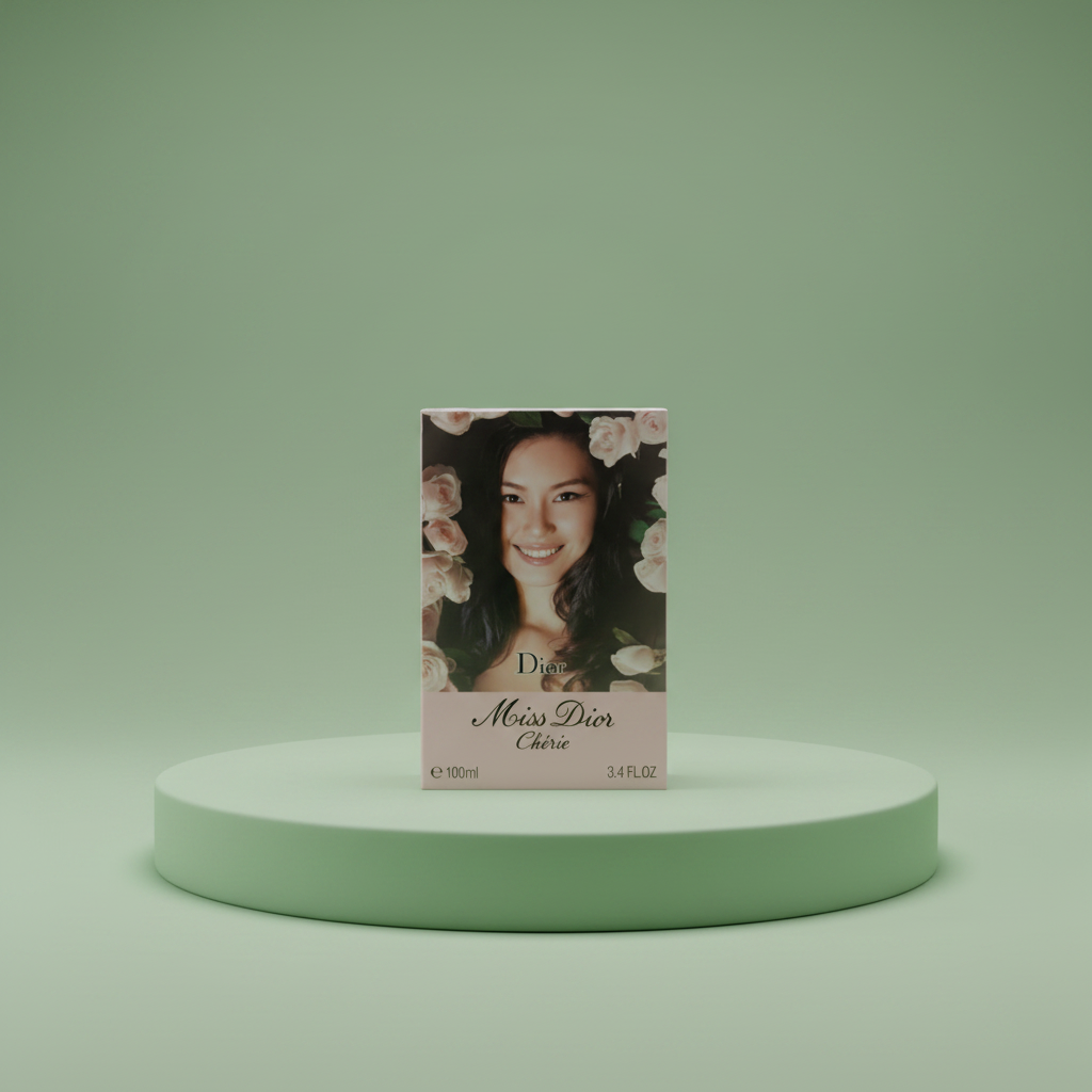 Miss Dior Cherie perfume bottle with a person's face on the label