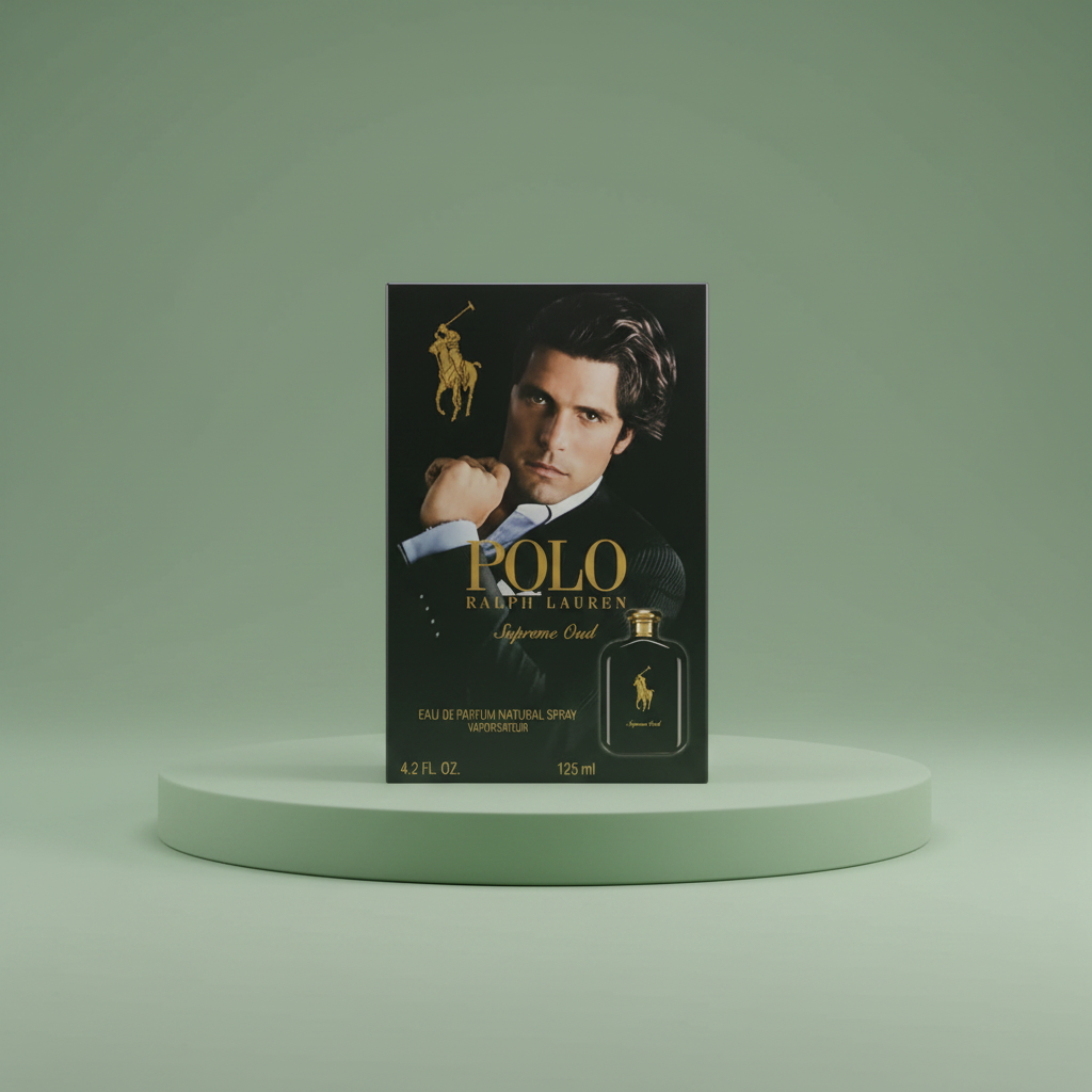 Polo Ralph Lauren perfume packaging held by a hand with a blurred background